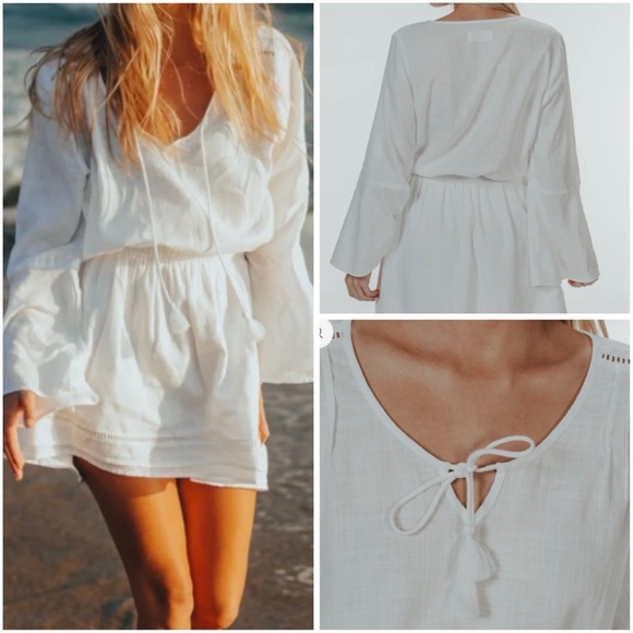 The Normal Brand Dresses & Skirts - The Normal Brand Size S White Bell Sleeve Mini Dress Slub Twill Boho Tassel Trim